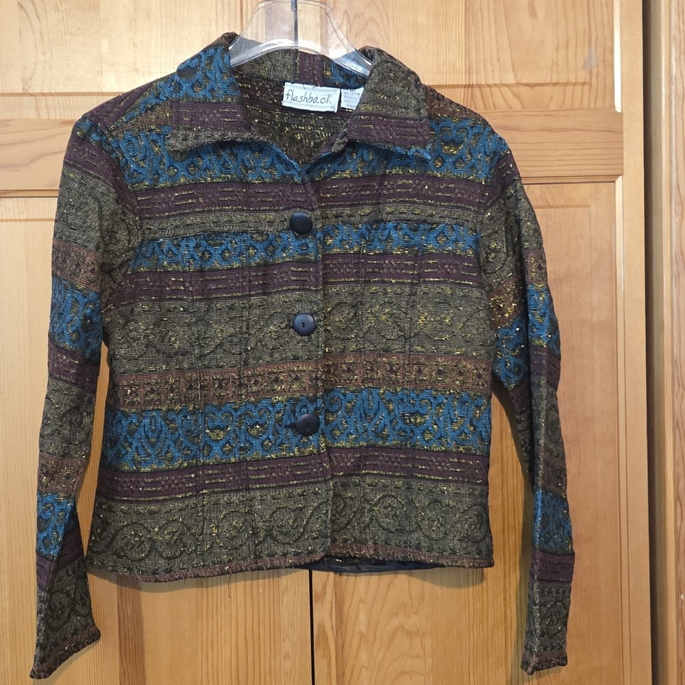 Flashback Womens Vintage Brown Tapestry Art Style Button Up Jacket Size Medium